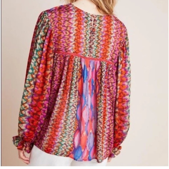 Anthropologie BI-nk Miranda Peasant Blouse Abstract Leopard Watercolor Size XS - Picture 6 of 10